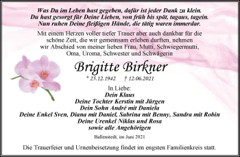 Traueranzeige von Brigitte Birkner von Trauerkombi Quedlinburg