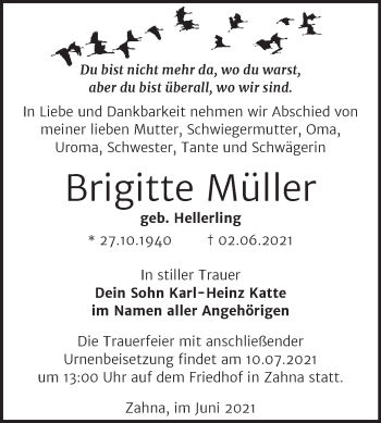 Traueranzeige von Brigitte Müller von Trauerkombi Wittenberg