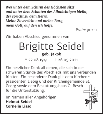 Traueranzeige von Brigitte Seidel von Trauerkombi Dessau