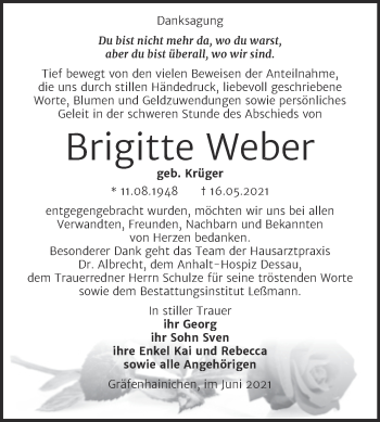 Traueranzeige von Brigitte Weber von Trauerkombi Wittenberg