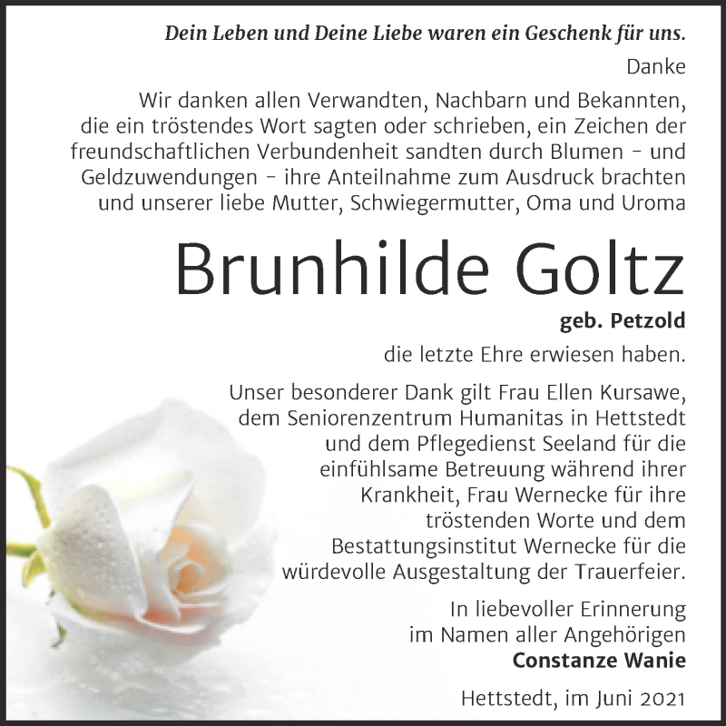  Traueranzeige für Brunhilde Goltz vom 18.06.2021 aus Trauerkombi Mansfelder Land