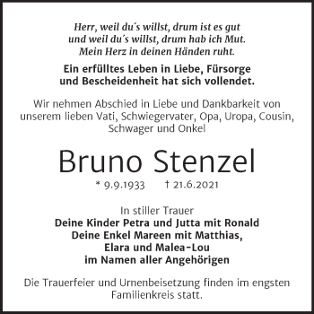 Traueranzeige von Bruno Stenzel von Trauerkombi Wittenberg