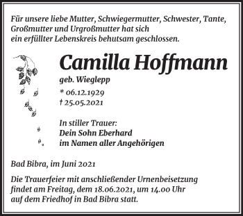 Traueranzeige von Camilla Hoffmann von Wochenspiegel Naumburg/Nebra