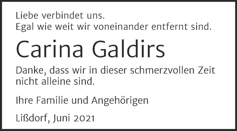  Traueranzeige für Carina Galdirs vom 12.06.2021 aus Naumburger Tageblatt