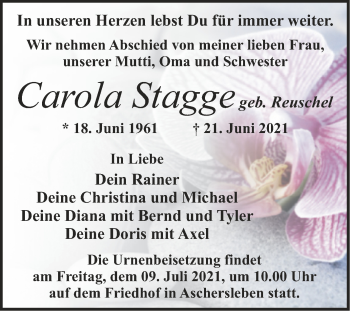 Traueranzeige von Carola Stagge von Trauerkombi Aschersleben