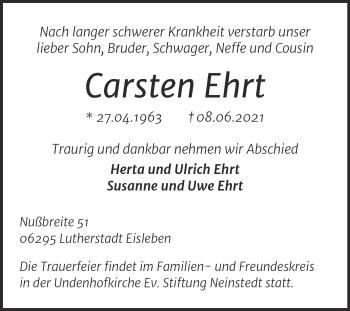 Traueranzeige von Carsten Ehrt von Trauerkombi Mansfelder Land