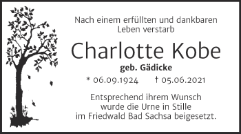 Traueranzeige von Charlotte Kobe von Trauerkombi Merseburg