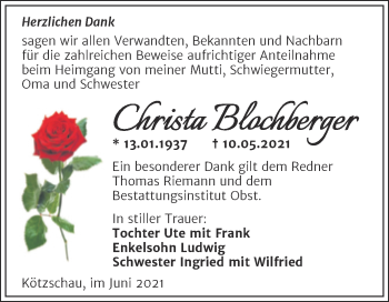 Traueranzeige von Christa Blochberger von Trauerkombi Merseburg