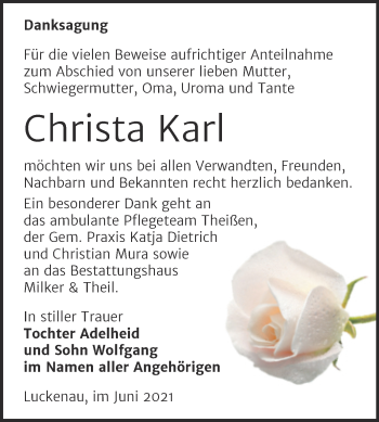 Traueranzeige von Christa Karl von Trauerkombi Zeitz