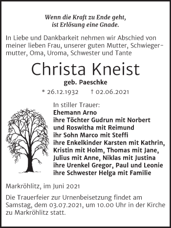 Traueranzeige von Christa Kneist von Wochenspiegel Naumburg/Nebra