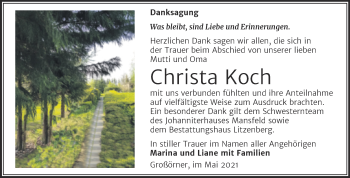 Traueranzeige von Christa Koch von Trauerkombi Mansfelder Land