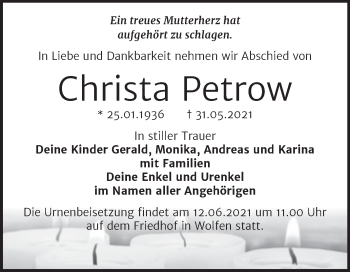 Traueranzeige von Christa Petrow von Trauerkombi Bitterfeld