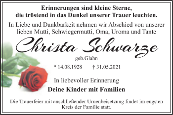 Traueranzeige von Christa Schwarze von Trauerkombi Dessau