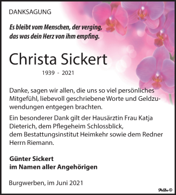 Traueranzeige von Christa Sickert von Trauerkombi Weißenfels