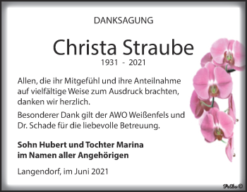 Traueranzeige von Christa Straube von Trauerkombi Weißenfels