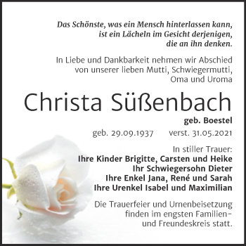 Traueranzeige von Christa Süßenbach von Trauerkombi Aschersleben