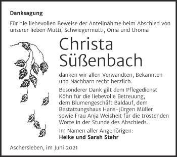 Traueranzeige von Christa Süßenbach von Trauerkombi Aschersleben