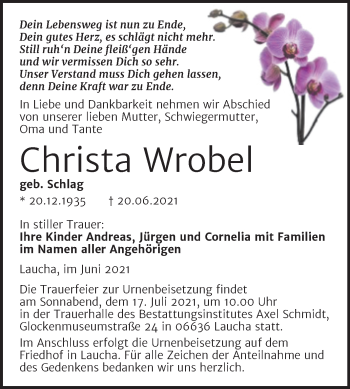 Traueranzeige von Christa Wrobel von Wochenspiegel Naumburg/Nebra