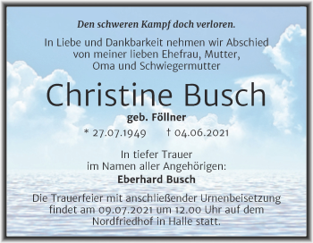 Traueranzeige von Christine Busch von Mitteldeutsche Zeitung Halle/Saalkreis