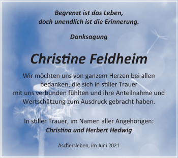 Traueranzeige von Christine Feldheim von Trauerkombi Aschersleben