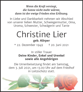 Traueranzeige von Christine Lier von Trauerkombi Zeitz