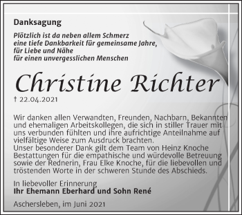 Traueranzeige von Christine Richter von Trauerkombi Aschersleben
