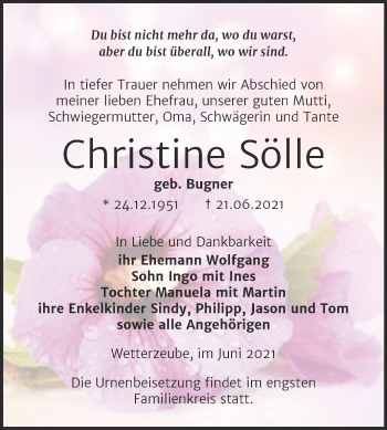 Traueranzeige von Christine Sölle von Trauerkombi Zeitz