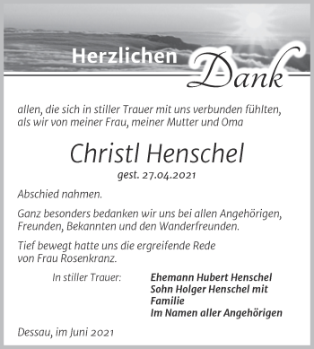 Traueranzeige von Christl Henschel von Trauerkombi Dessau