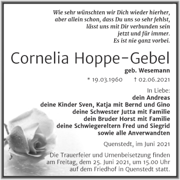 Traueranzeige von Cornelia Hoppe-Gebel von Trauerkombi Mansfelder Land