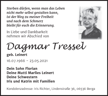 Traueranzeige von Dagmar Tressel von Trauerkombi Sangerhausen