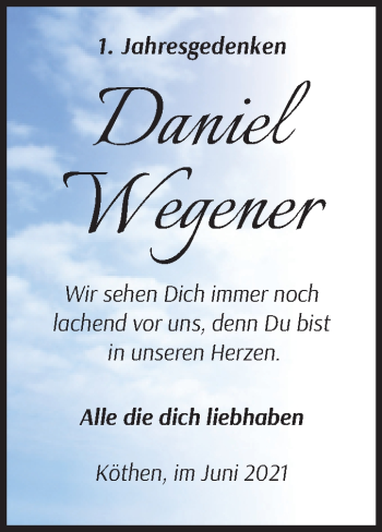 Traueranzeige von Daniel Wegener von Trauerkombi Köthen