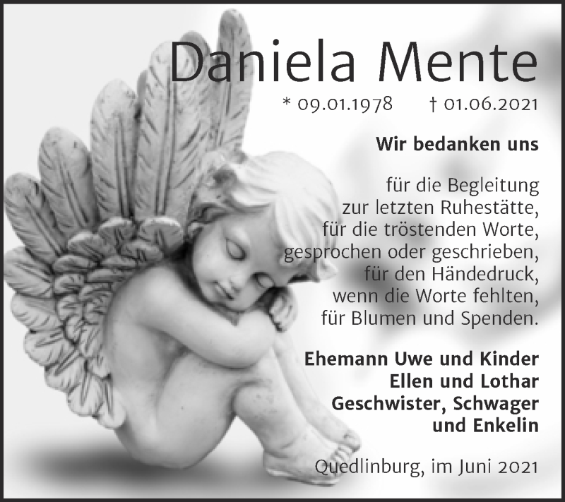  Traueranzeige für Daniela Mente vom 26.06.2021 aus Trauerkombi Quedlinburg