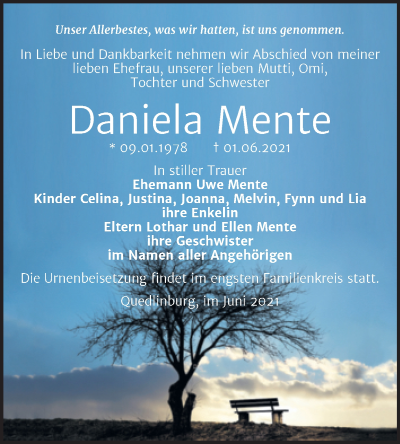  Traueranzeige für Daniela Mente vom 12.06.2021 aus Trauerkombi Quedlinburg