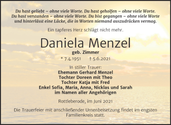 Traueranzeige von Daniela Menzel von Trauerkombi Sangerhausen