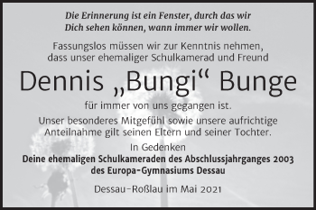 Traueranzeige von Dennis Bunge von Trauerkombi Dessau