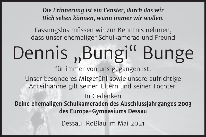 Traueranzeige für Dennis Bunge vom 05.06.2021 aus Trauerkombi Dessau