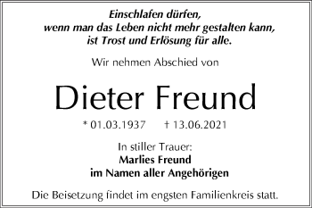 Traueranzeige von Dieter Freund von Mitteldeutsche Zeitung Halle/Saalkreis