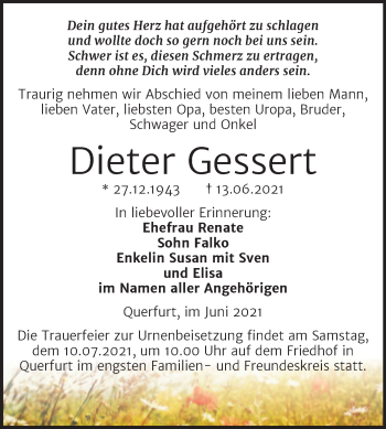 Traueranzeige von Dieter Gessert von Trauerkombi Merseburg