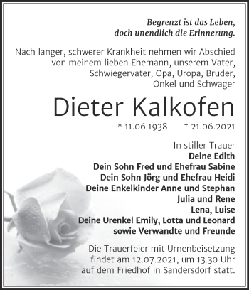 Traueranzeige von Dieter Kalkofen von Trauerkombi Bitterfeld