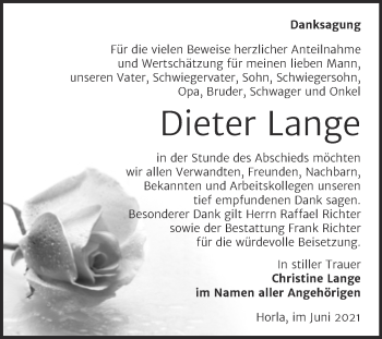 Traueranzeige von Dieter Lange von Trauerkombi Sangerhausen