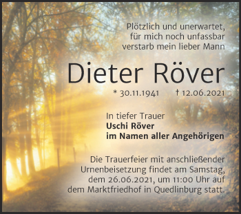 Traueranzeige von Dieter Röver von Trauerkombi Quedlinburg