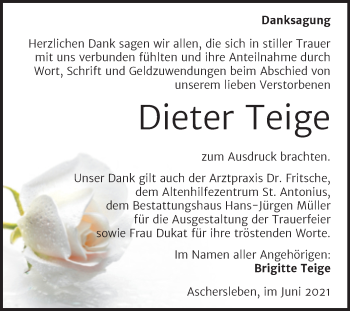 Traueranzeige von Dieter Teige von Trauerkombi Aschersleben