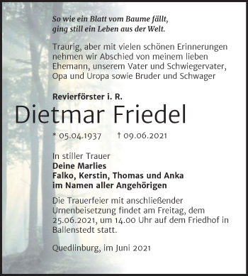 Traueranzeige von Dietmar Friedel von Trauerkombi Quedlinburg