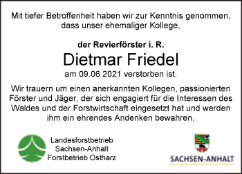 Traueranzeige von Dietmar Friedel von Super Sonntag Quedlingburg