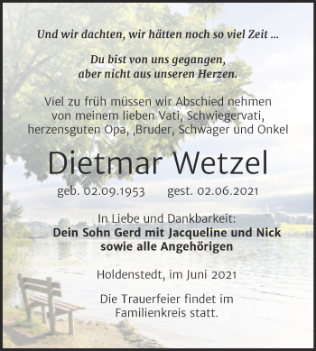 Traueranzeige von Dietmar Wetzel von Trauerkombi Sangerhausen