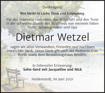 Traueranzeige von Dietmar Wetzel von Trauerkombi Sangerhausen