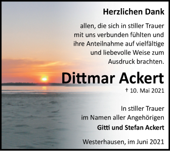 Traueranzeige von Dittmar Ackert von Trauerkombi Quedlinburg