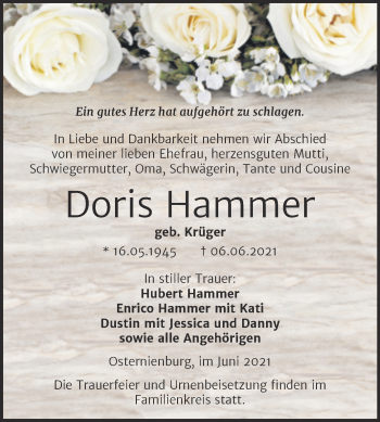 Traueranzeige von Doris Hammer von Trauerkombi Köthen