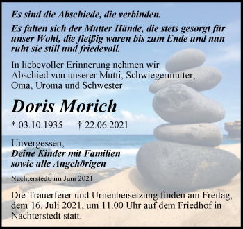 Traueranzeige von Doris Morich von Trauerkombi Aschersleben