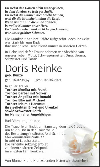 Traueranzeige von Doris Reinke von Wochenspiegel Naumburg/Nebra